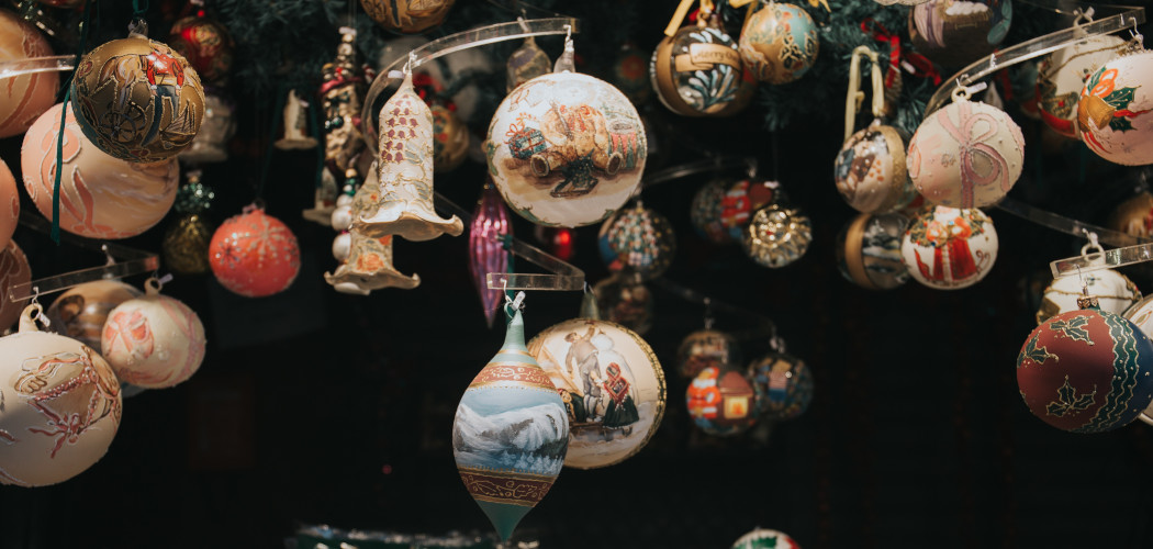 Baubles hanging at a Christmas stall